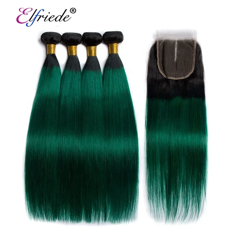 

#T 1B/Green Straight Ombre Hair Bundles with Lace Closure 4"x4" Brazilian Remy Human Hair Wefts with Closure JCXT-140