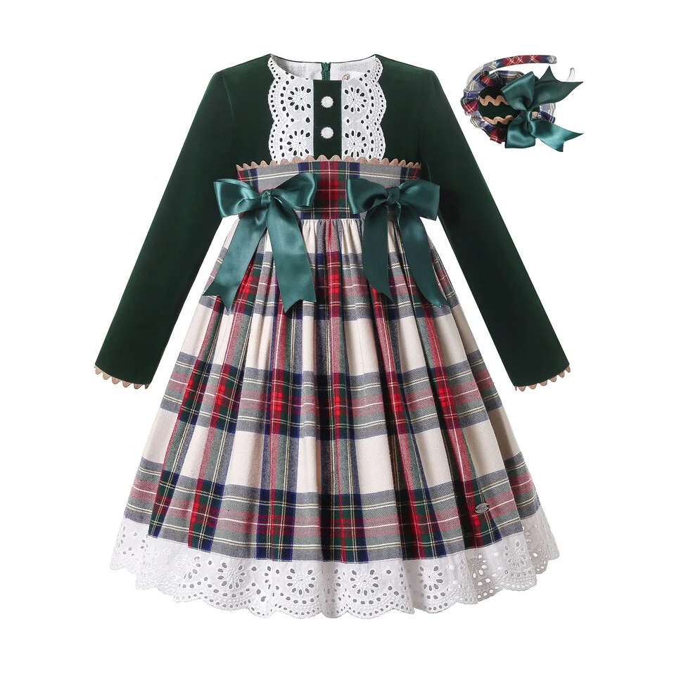 

Wholesale New 2021 Kids Girls Green Plaid Formal School Dresses Vintage Children Spainish Clothing Size 2345681012Y Hairband