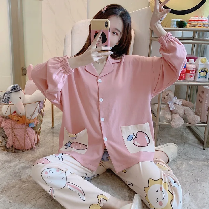 

2021 Korean Long Sleeve Sleepwear Pillama De Mujer Pijama Loungewear Pjs Pyjama Femme Long Cardigan Pajama Set Cotton For Women