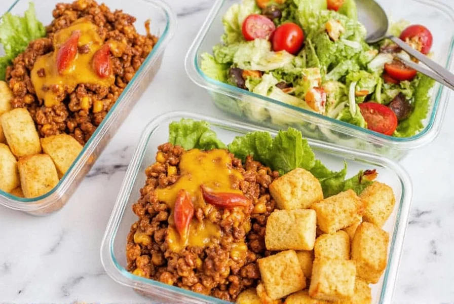 Chili mac casserole meal prep containers with fresh salad and cornbread in a bento box style arrangement