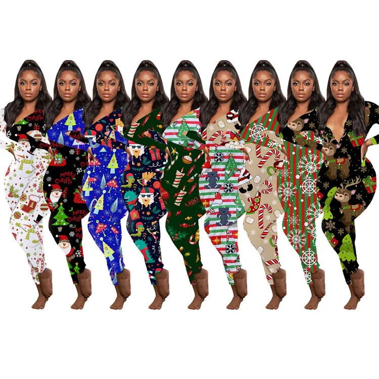 

Sexy Ladies Rompers Long Sleeve V Neck Cartoon Print Plus Size Winter Women Bodycon Jumpsuits Pajamas, Picture shown