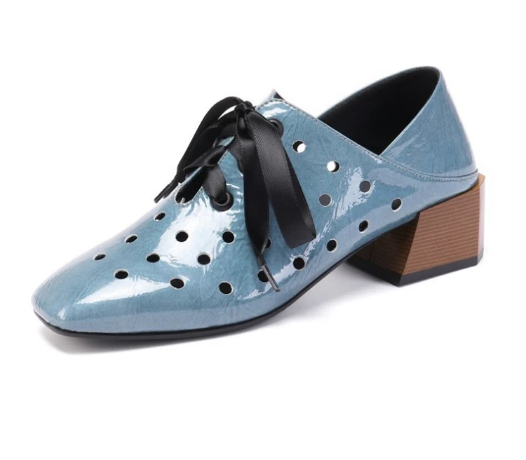 

ready to ship big size square toe Oxford British style low-heel lace up mirror wrinkle patent leather women's shoes, Any color
