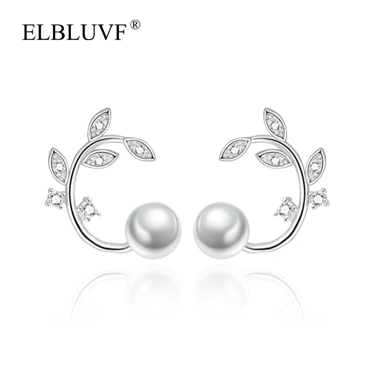 

ELBLUVF Hot Sell New Arrive Delicate S925 Silver Plated White Copper Pearl Leaf Stud Earrings for Women