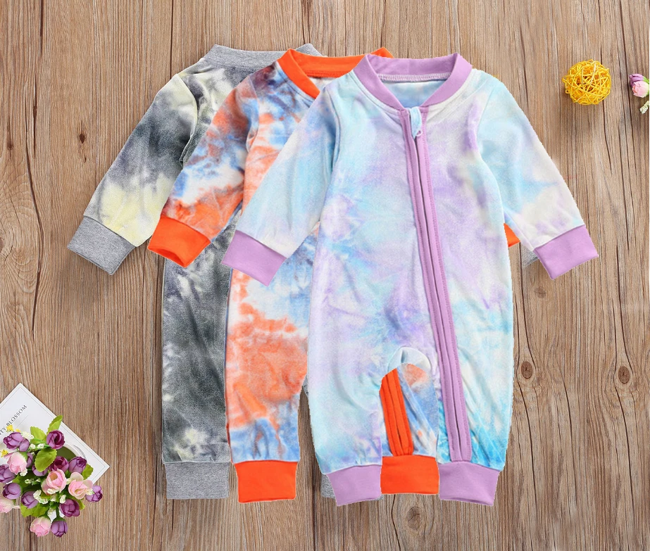 

Newborn Infant Baby Boy Girls Velvet Zipper Romper Long Sleeve Tie Dye Print Romper Jumpsuit Baby Girls Autumn Sleepwear Clothes