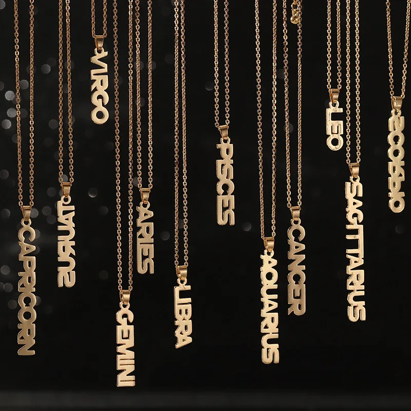 

Hot Selling 12 Horoscope Vertical Letter Necklace For Women Gold Leo Virgo Cancer Gemini Aries Aquarius Zodiac Necklaces