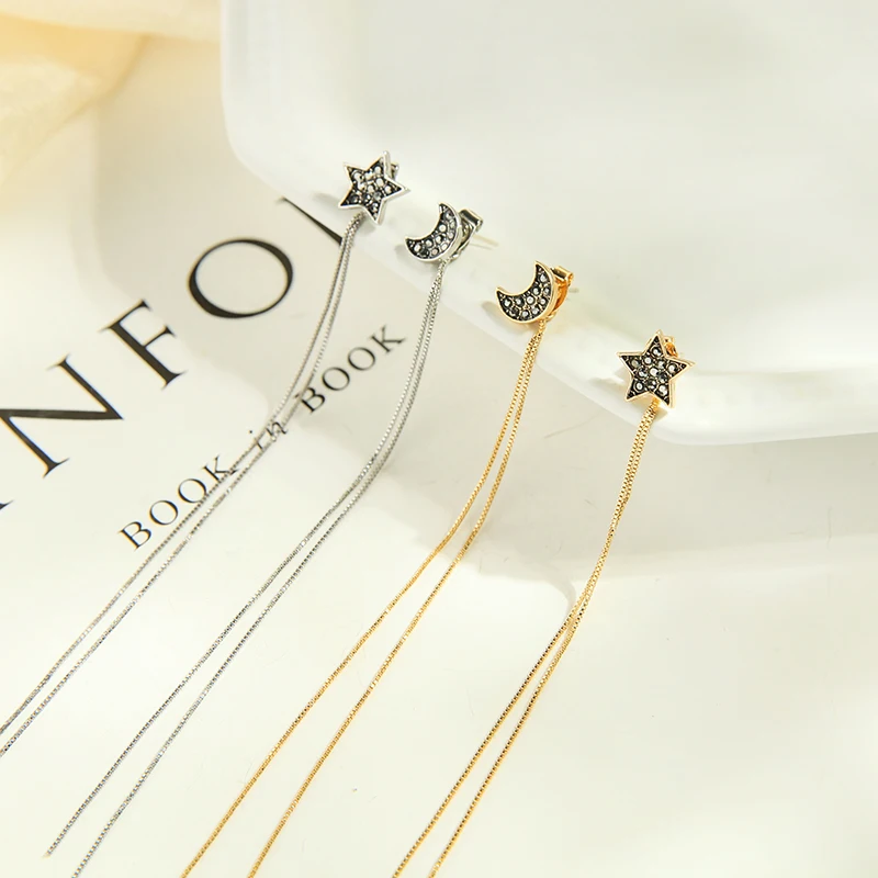 

e021712 New Design Gold Rhodium Plated Star Moon Long Threader Dangle Front And Back Jackets Fairy Women Pendant Earrings