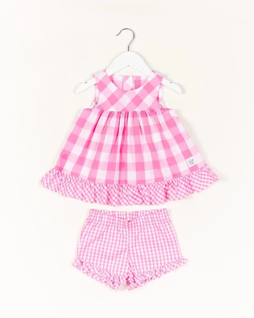 

summer plaid fashion kids frock design dress clothing set best quality factory OEM sale girls summer outfits, As picture