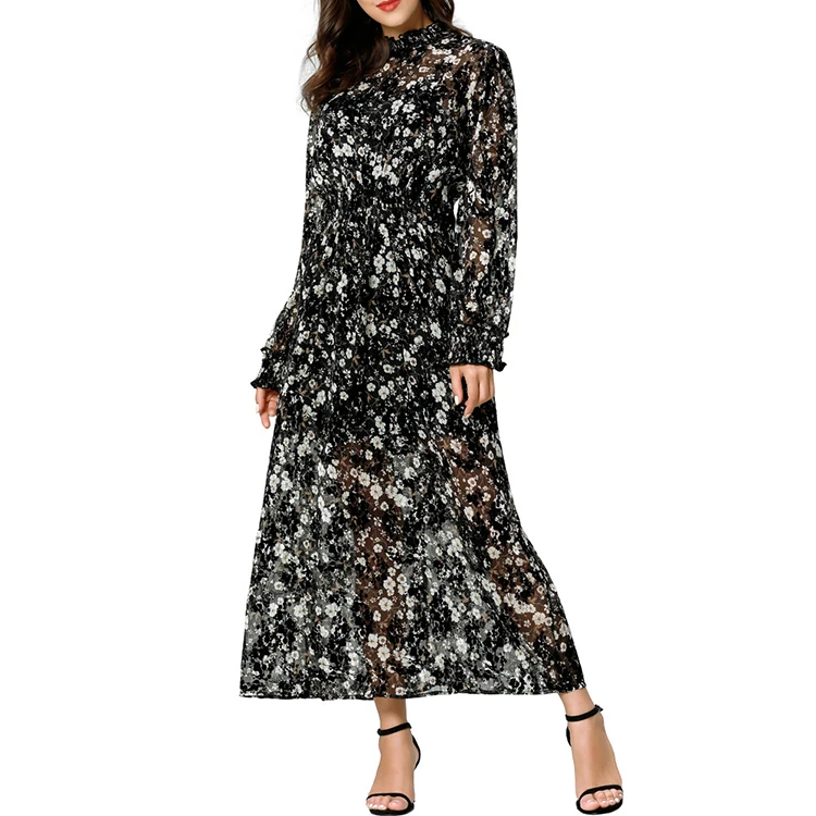 

Black Flower Print Dresses Polyester Luxury Flocking Chiffon Women Dresses Long Sleeve Summer Ladies Smart Casual Mixi Dress, Picture color