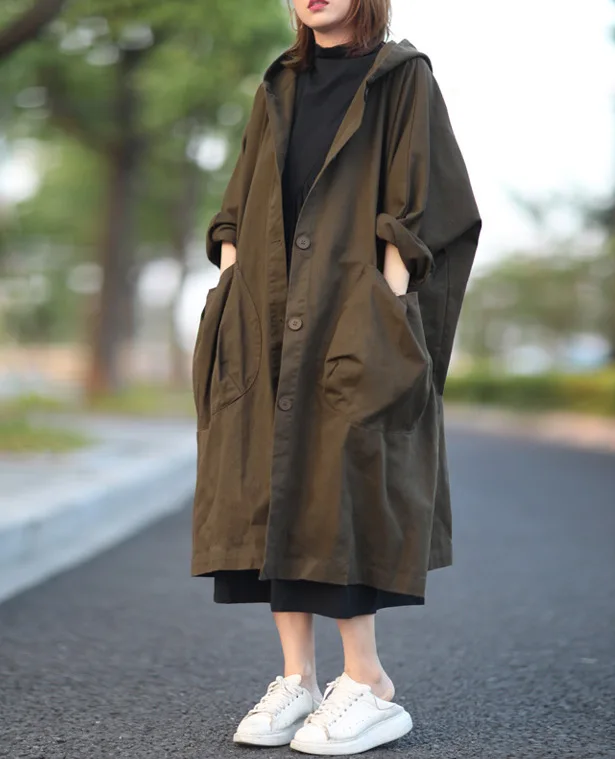 

2022 New Pluz Size Solid Color Cotton Fashion Casual Trench Coat for Women Pocket Hooded Solid Color Wild Women Windbreaker