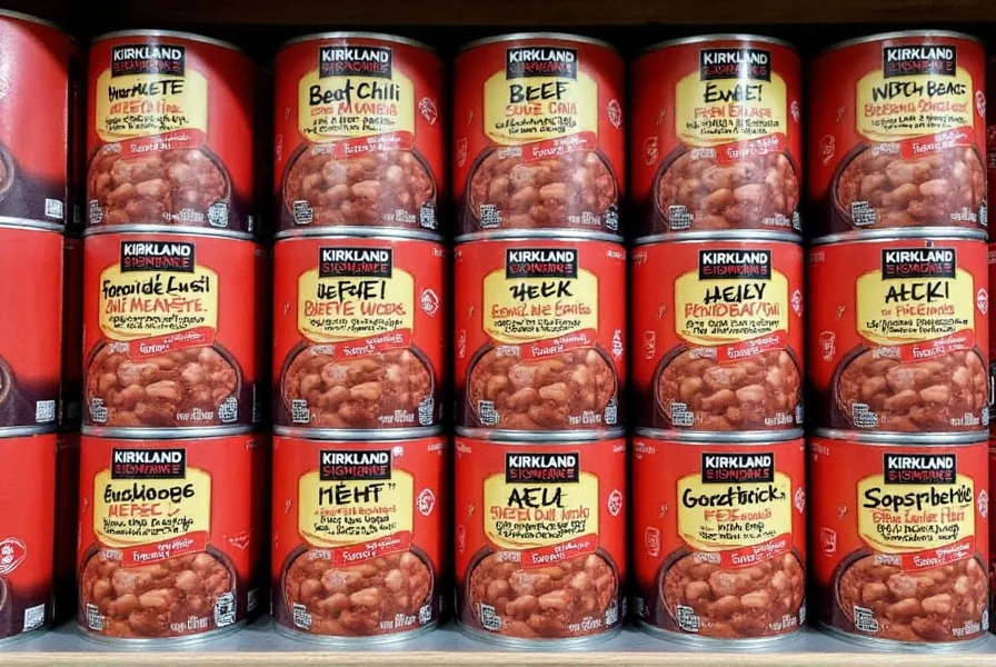 Kirkland Signature Beef Chili with Beans can displayed on Costco warehouse shelf