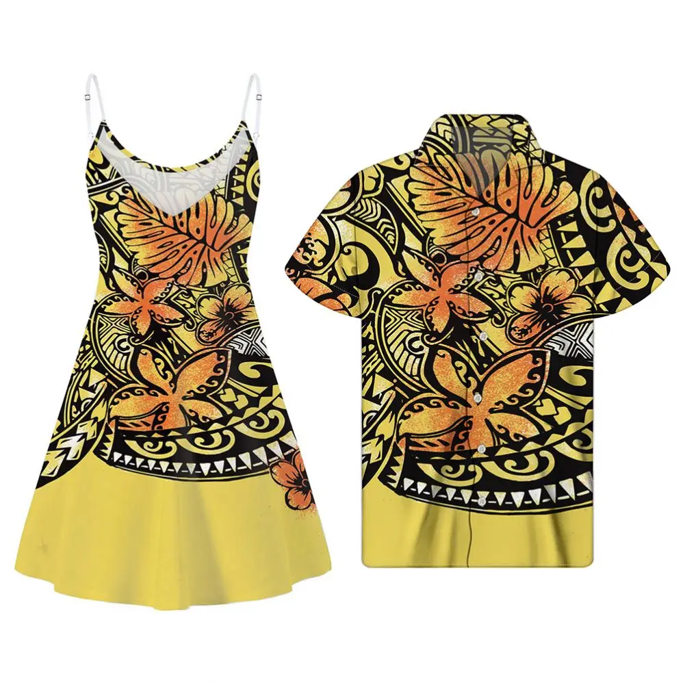 

Summer Dress Women's Clothing Polynesian Yellow Banana Leaf Pattern Couples Matching Clothes Slip V Neck Plus Size Women Dresses, Customized color