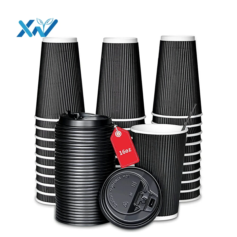 

Wholesale eco friendly disposable black ripple wall coffee paper cup with lid