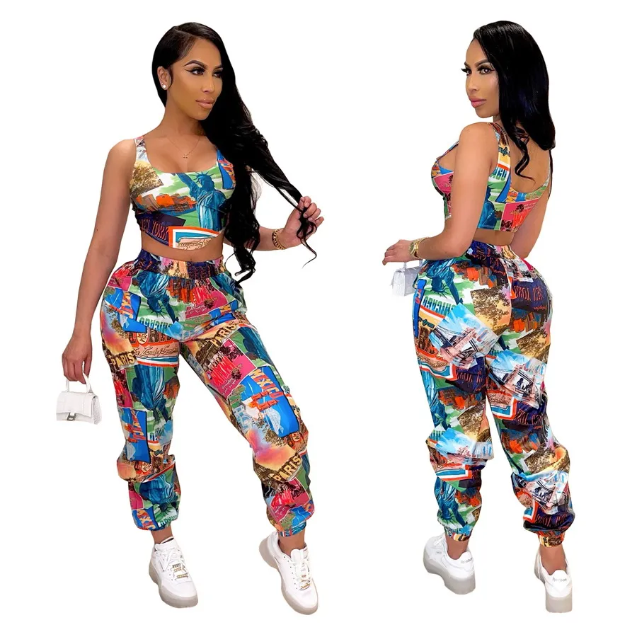 

Foma Clothing FM-4284 street chic 2021 women casual fashion printing vest top and pants summer 2 two piece set, 1 color