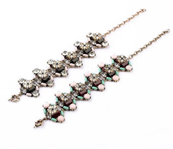 

sl00223 Vintage Gold Luxury Pink Green Crystal Rhinestone Women Fashion Chunky Statement Charm Bracelet Accessories