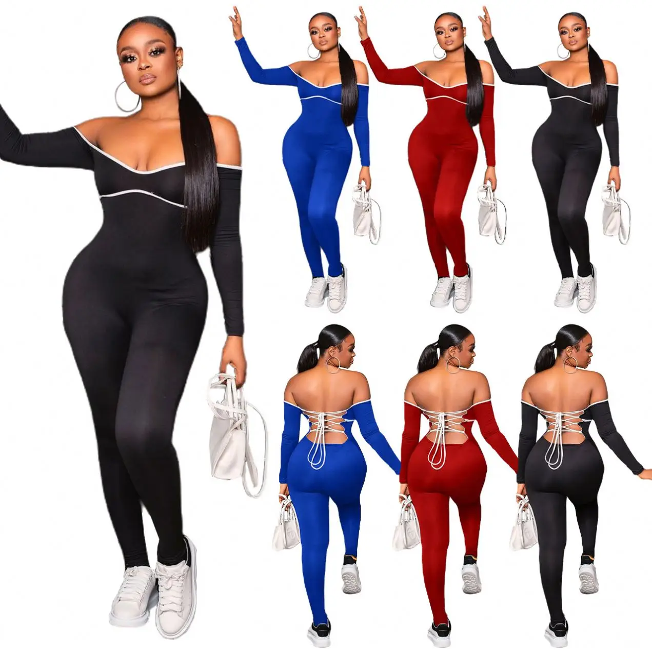 

M7550 Wholesale boutique off shoulder long sleeve one piece workout jumpsuit women sexy backless bandage jumpsuit