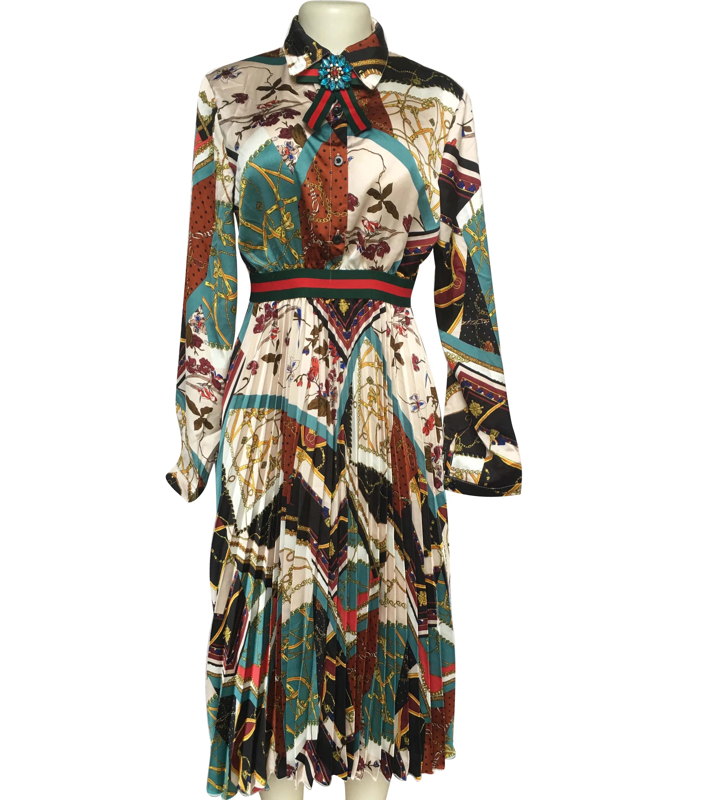 

Factory Summer Ladies Long Sleeve Pleated Women's African Ladi Clothing Casual Satin Dress, 2 colors