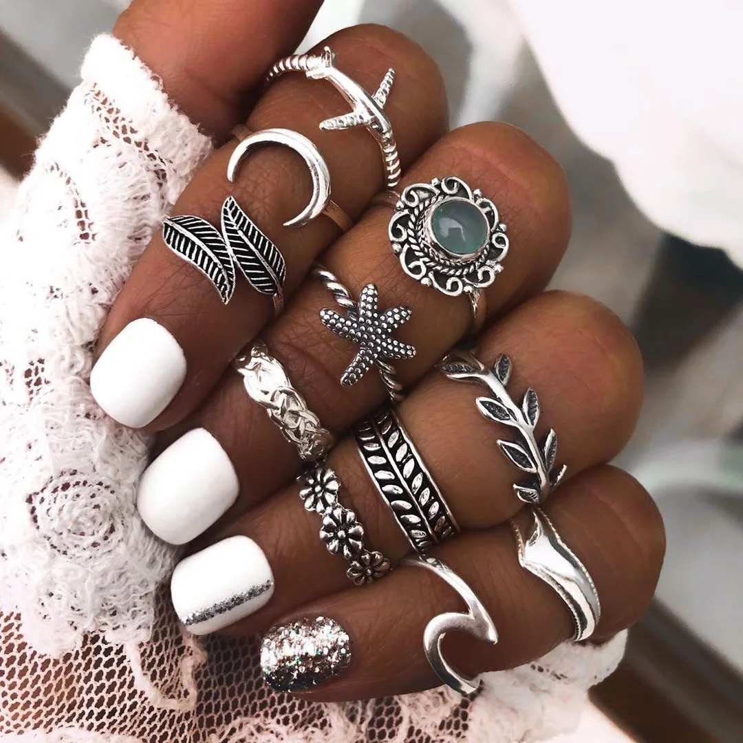 

New Boho style moon leaf sapphire flower female 11-piece ring set for women, Sliver