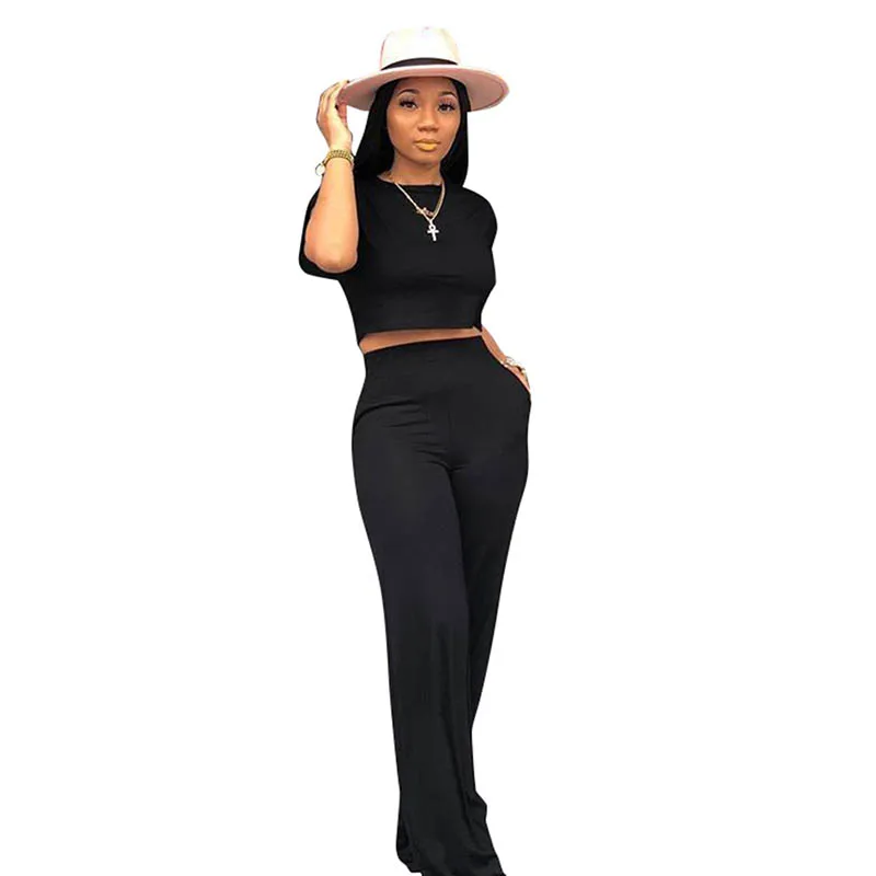 

Two Pieces Casual Soild Color Crop Top and Flared Pants