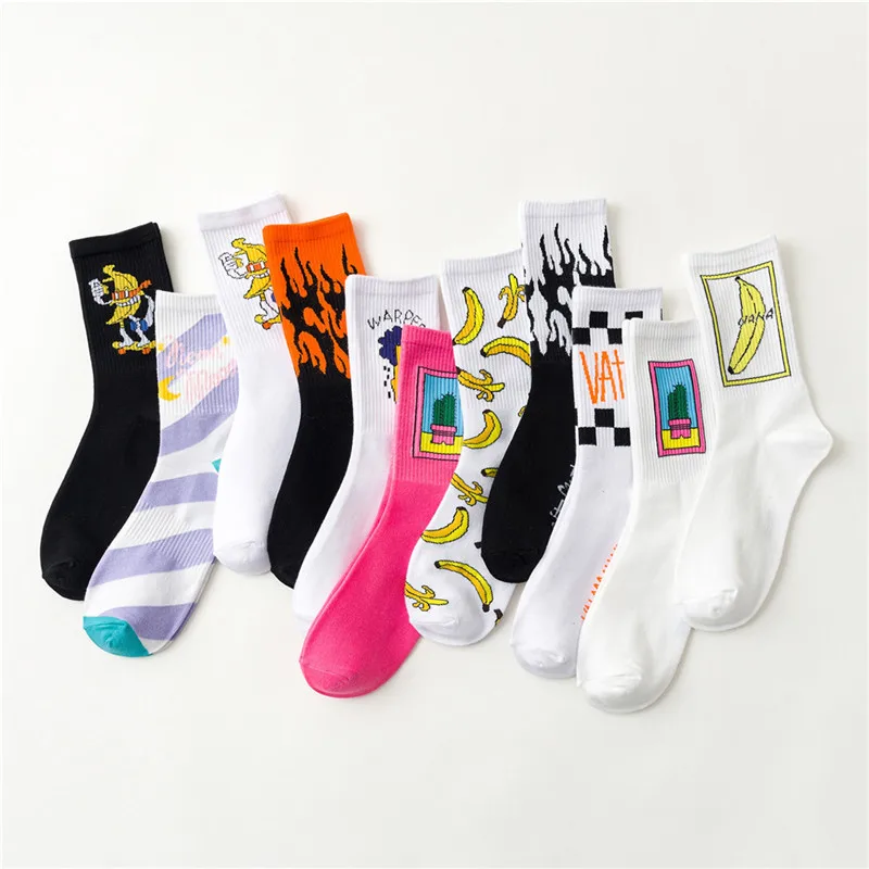 

WIIPU Men's Tube Socks Striped Short Sweat Absorbent Deodorant Socks Cactus Flame Banana Cotton Socks