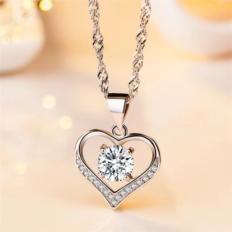 

925 silver necklace heart with diamond clavicle chain Korean four-claw heart with silver plated pendant
