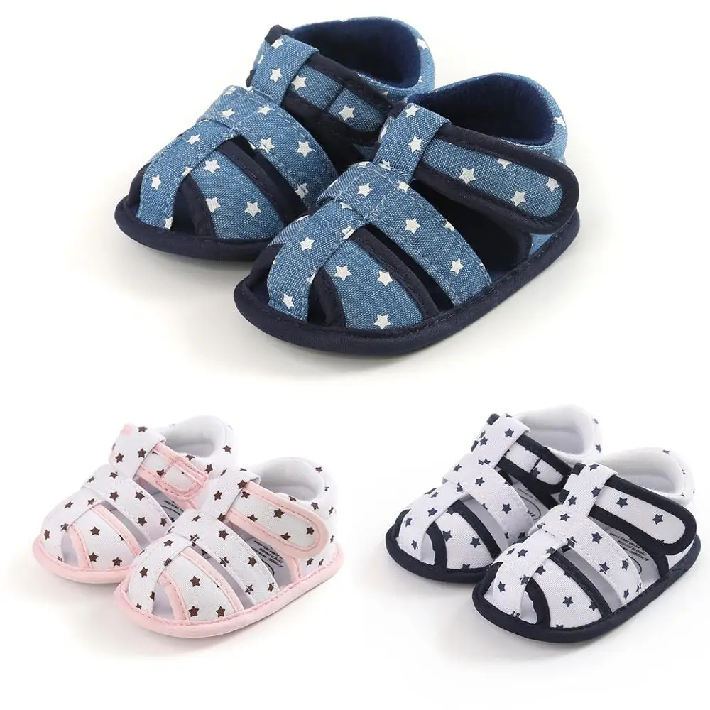 

New Arrivals wholesale Cotton fabric stars print prewalk outdoor crib girl baby gladiator sandals, Pink, blue, white