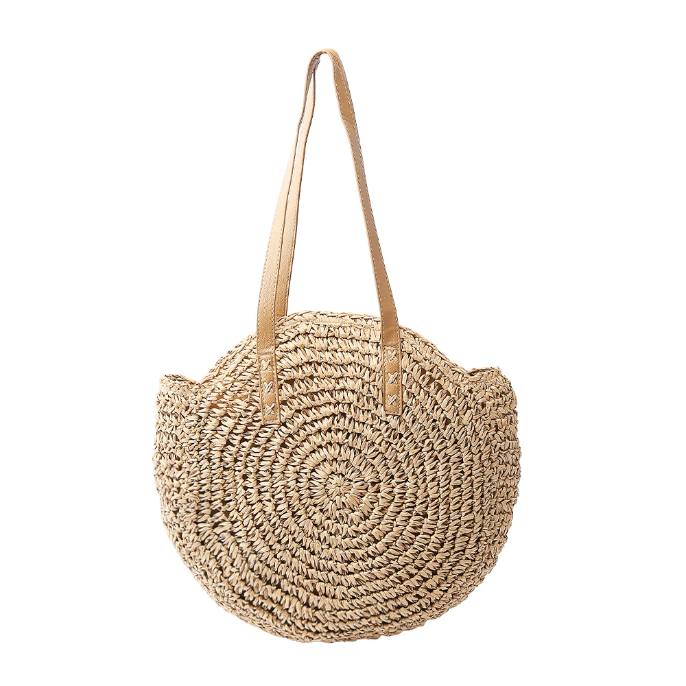 

Vacation Casual Summer Handbags Vintage Woven Beach Bags Round Handmade Shoulder Bag Rattan Straw Beach Bag for Women, Dark khaki