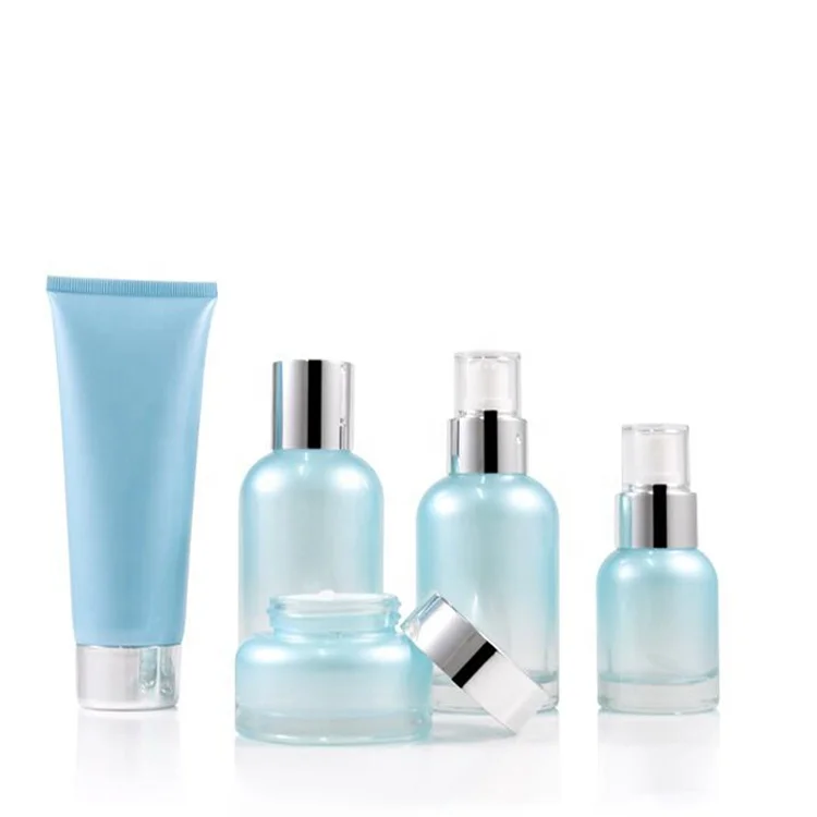 

Fuyun Skincare Packaging Blue Glass Jars 40ml 100ml 120ml Blue Refillable Glass Cosmetic Jar Toner Essence Lotion Bottles