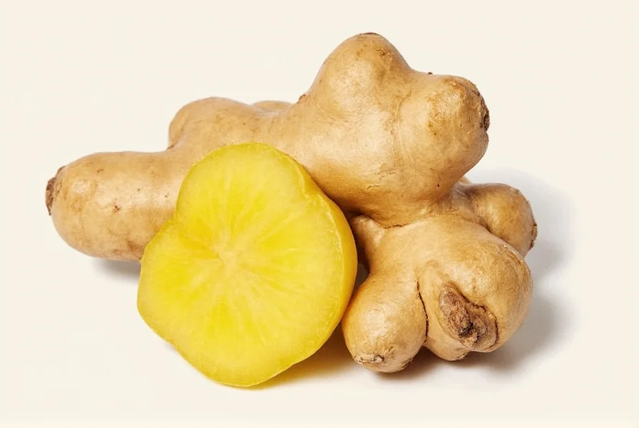 Comparison of ginger substitutes including galangal, allspice, mace, and cardamom arranged on wooden cutting board