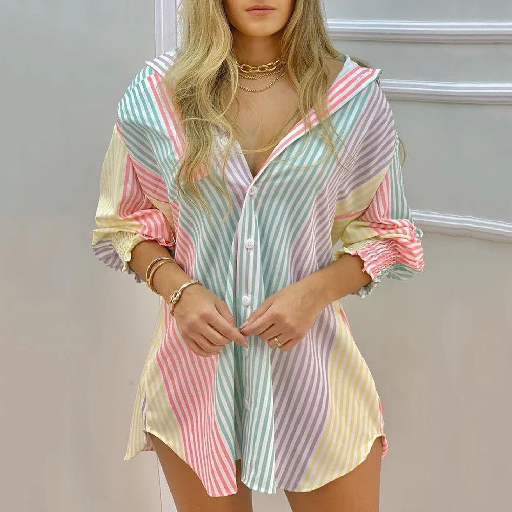 

2021 Fashion Women Clothes Long Sleeve Printed Turn-down neck Plaid Sexy Women Ladies' Casual Blouses Top Boho Blouse
