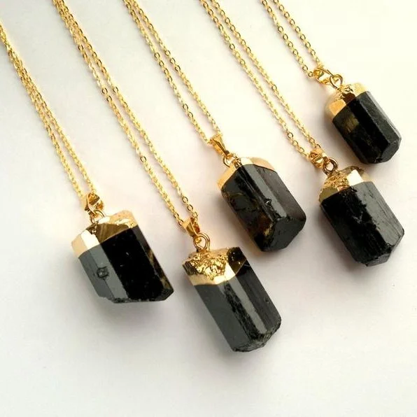 

obsidian point pendant with gold plating raw quartz crystal stick pendant chain necklace