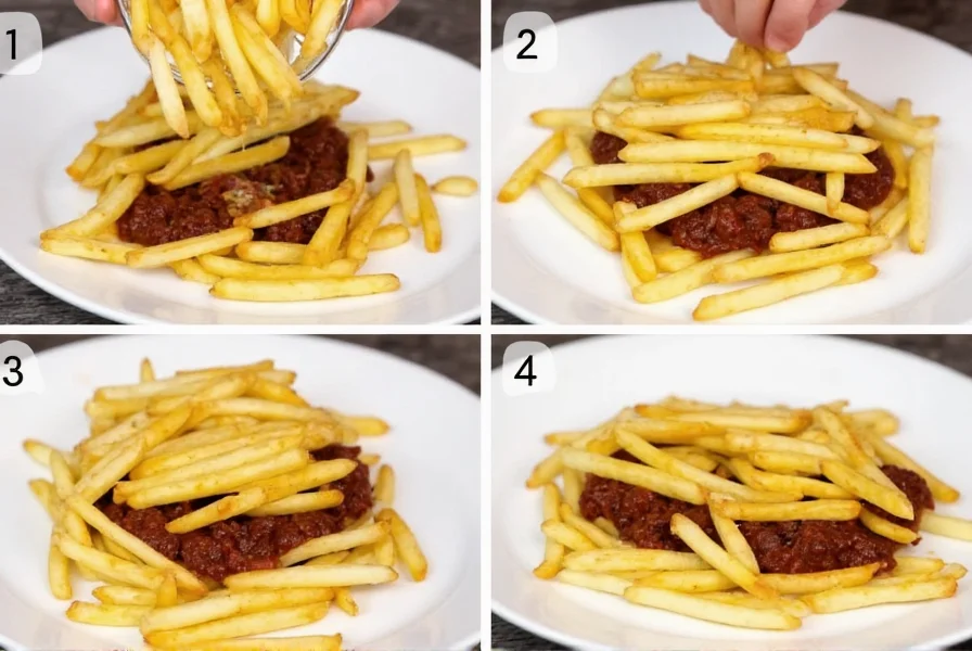 Step-by-step preparation of homemade fries with chili showing proper layering technique