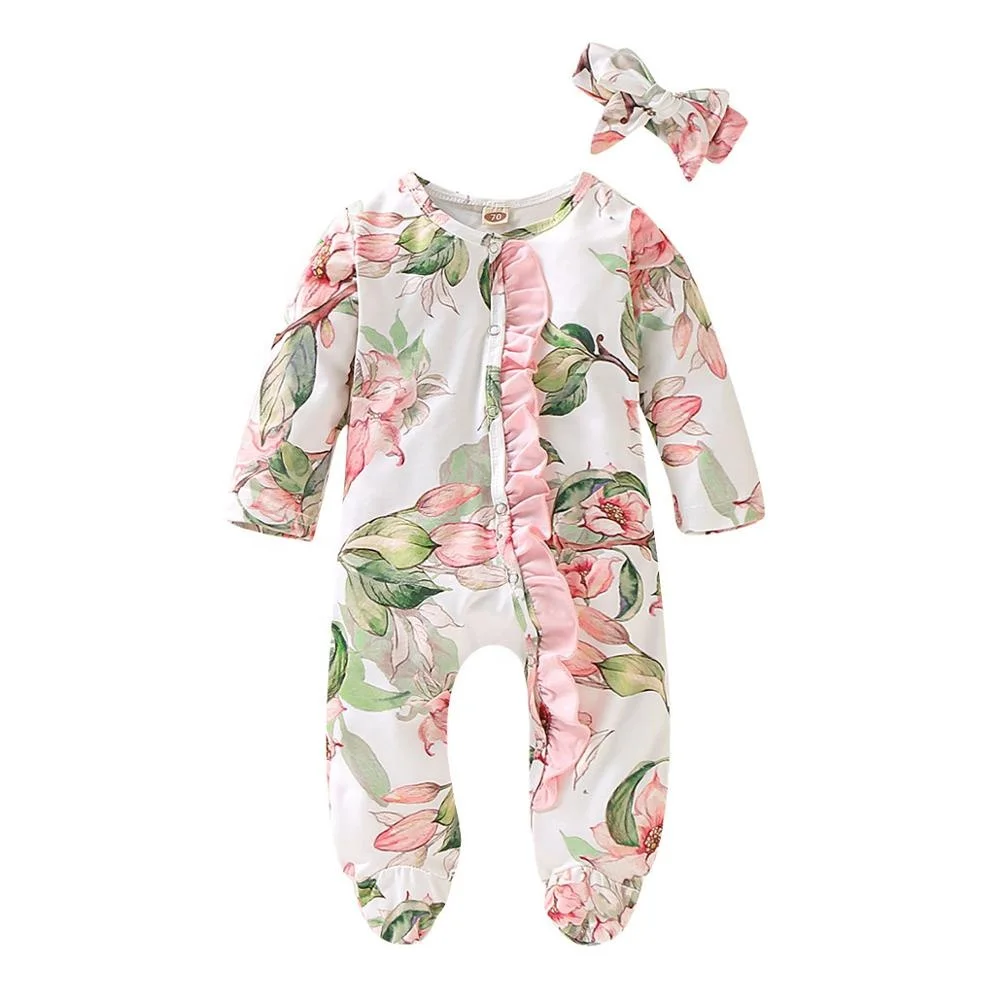 

Newborn Cotton Floral Baby Girls Rompers Toddler Baby Pajamas Headband 2pcs Long Sleeve Jumpsuits Kids sleepwear Clothes, White, navy, browm, purple, pink yellow