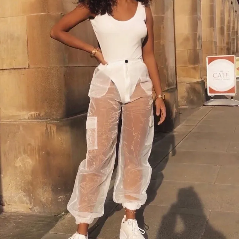 

Women's Trousers summer club pants sexy see through mesh cargo pants women