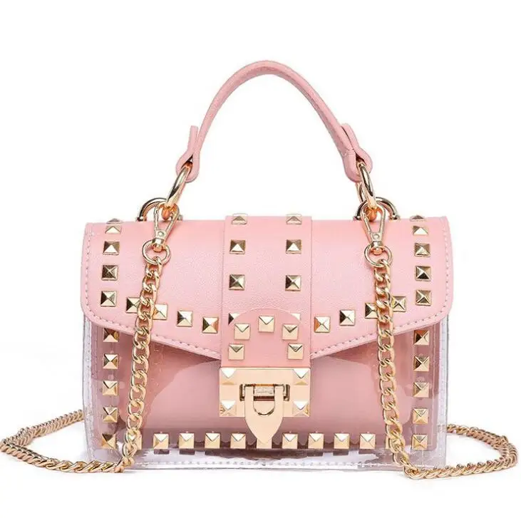 

New Custom Rivet Jelly Hand Bags Fashion Crossbody Pvc Candy Jelly Bag with Handle, As pictures