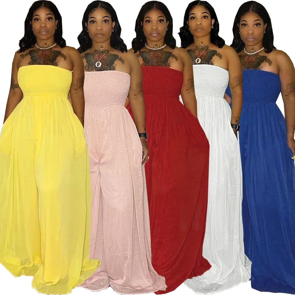 

B54861A Fashionable off the shoulder jumpsuit women sexy sleeveless wide leg jumpsuits, White/yellow/red/blue/ coral