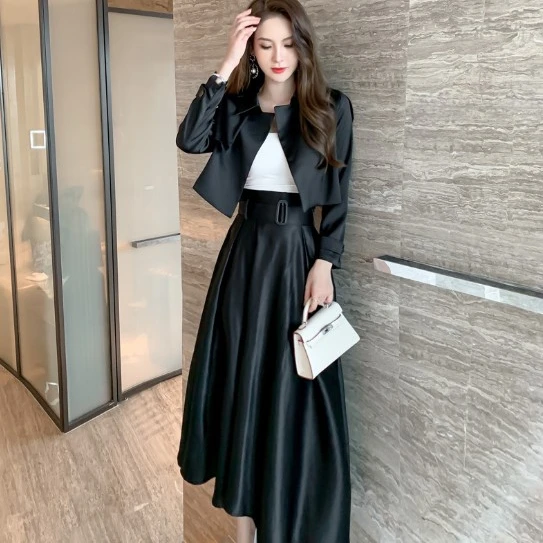

2023 Autumn Women's New High Waist Pleated Slim Satin A Line Skirts