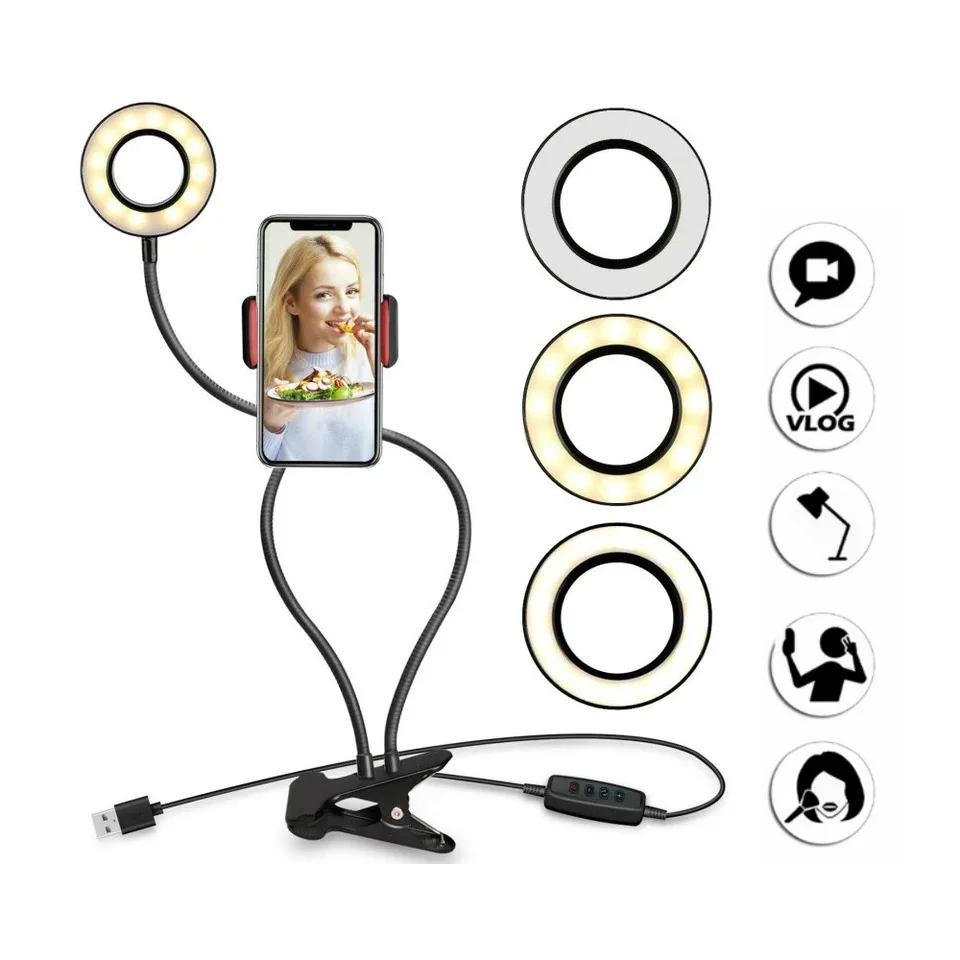 

LED Selfie Ring Light Portable Selfie Ring Light With Cell Phone Holder Stand Flexible Stream Lamp Ring Light, Black, white