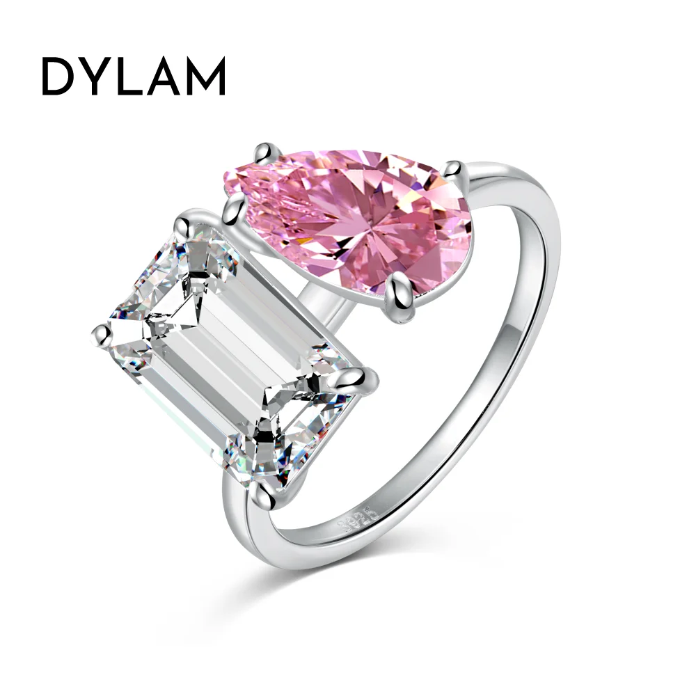 Dylam Classic Design 925 Silver Eternity Band Engagement Wedding Ring Diamond Pink Pear Shape Cubic Zirconia Rings Jewelry Women
