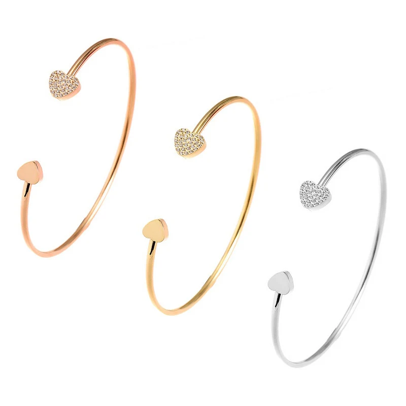 

Peach Heart 14K Gold Plated Zircon Bangle Minimalist Female Fashion Accessories Stainless Steel Jewelry Cuff Spring Bracelets, Customized color