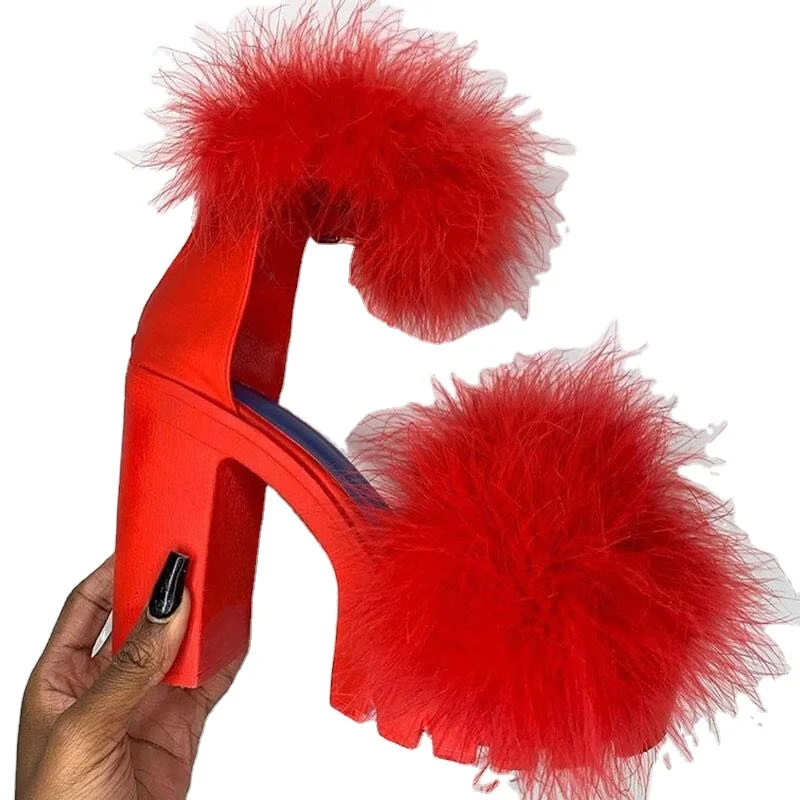 

2021 newest fashion ladies fuzzy flurry high heel sandals platform fur women's feather plush nightclub heel sandals