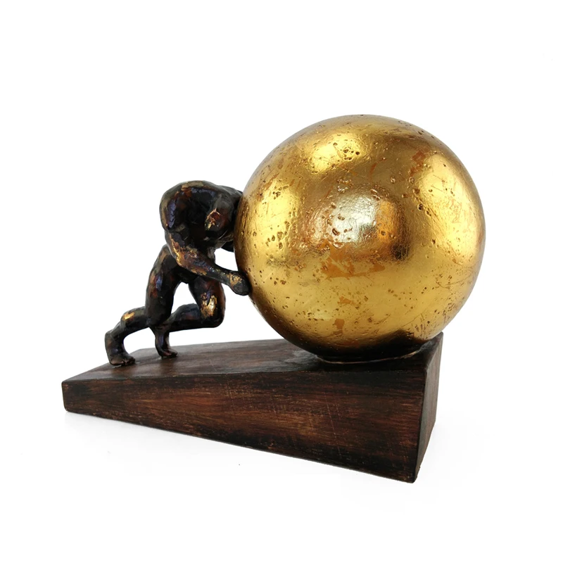 Wholesales artificial resin abstract men pushing the gold ball decoration for tabletop gifts supplier