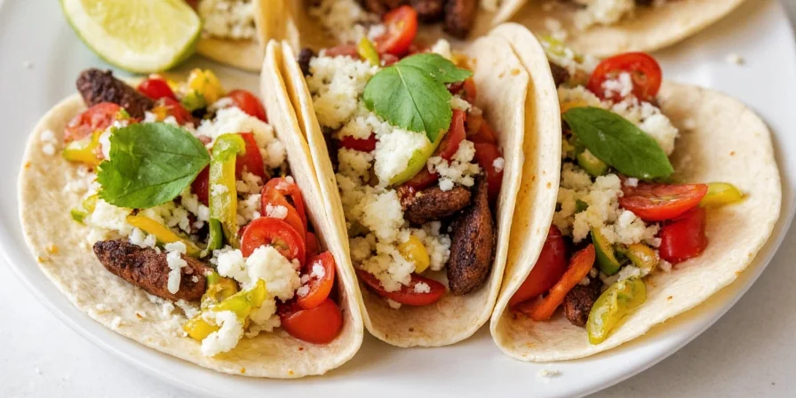 Close-up of taco being filled with gyro meat and toppings
