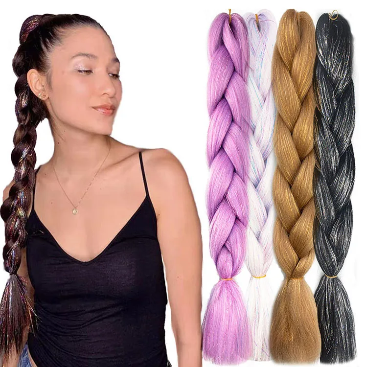 

Jumbo Braiding Hair With Hair Tinsel Bling Synthetic Braid Hair Extension Mix Shining Tinsle 24 Inch Solid Color Black Blonde, Solid color ombre color balck brown