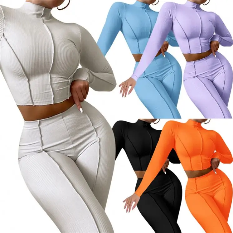 

Trendy Amazon Solid Color Women 2 Piece Pants Set Long Sleeves Women Crop Top Set bodycon Two piece set