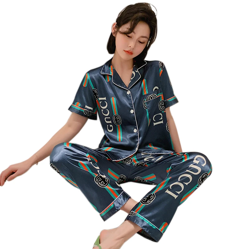 

2020 New 2 two Piece Set Women's Sleepwear Ladies summuer Satin Pajama Suit Short Sleeve&Trousers Sleepwear Set