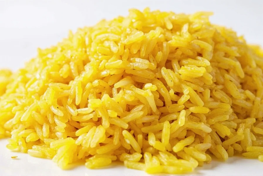 Close-up of golden saffron-infused basmati rice grains in traditional copper pot with saffron threads scattered around