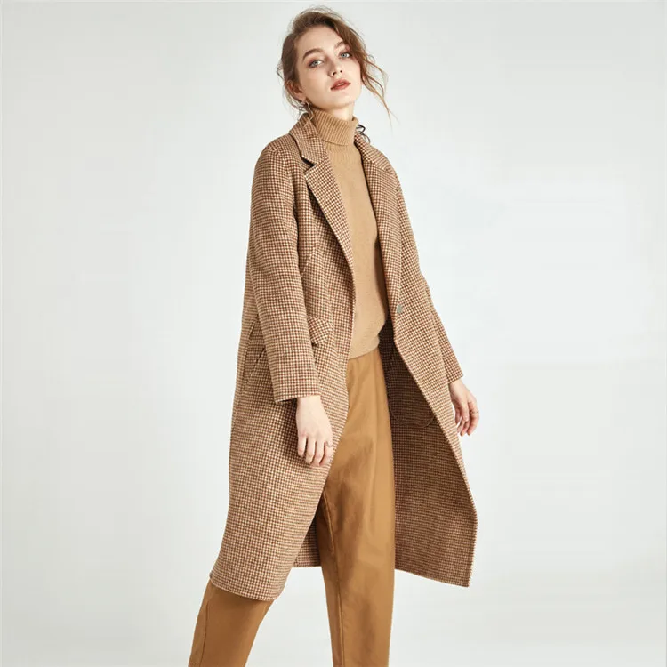 

YQ123 free shipping Winter Coat Women wool Long Handmade Double Faced Camel Plaid Women's Coat