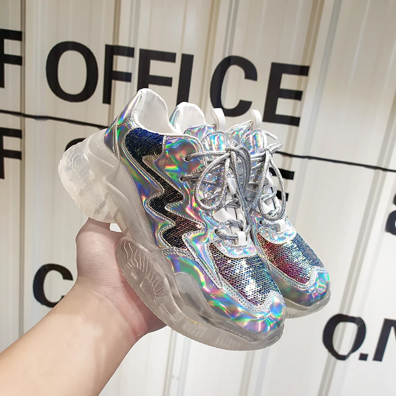 

Women Chunky Sneakers Vulcanize Shoes Korean Fashion New Female Sequin Platform Thick Sole Running Casual Shoes For Woman