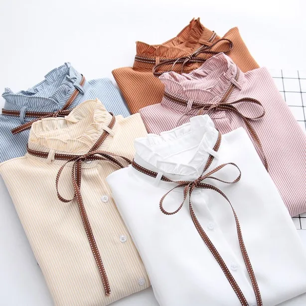 

hb7217a spring 2020 new Korean version women's blouse sweet style lady's long sleeve bowknot shirts, White, pink, blue, apricot, light brown