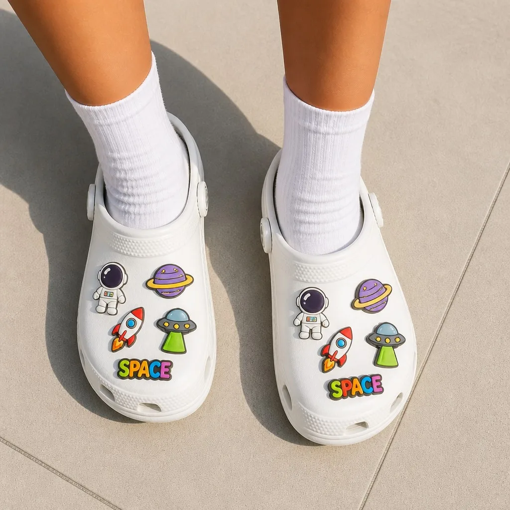 Space themed clog charms worn on foot with white socks on a sunlit walkway